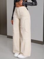 PETITE Women's Loose Fit Casual Wide Leg Denim Jeans With Frayed Hem Patchwork - Image 2