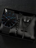 4pcs Men's Fashion Minimalist Gift Set: Round Casual PU Leather Quartz Watch, Black Cross Necklace, Bracelet And Ring - Men's Business Casual Accessories, Best Gift For Classmates, Colleagues And Friends - Image 2