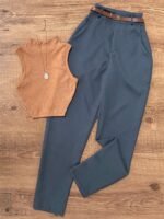 Women Solid Color Casual Faux Button Office & Garden High Neck Vest And Pants Set, Spring/Summer Elegant - Image 2