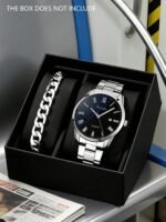 2pcs/Set Minimalist Casual Men's Quartz Watch, Includes 1 Stylish Silver Metal Strap Watch And 1 Matching Bracelet. The Watch Strap Is Made Of Silver Metal Material, Paired With A Cuban Link Bracelet. The Multi-Dial Roman Numeral Design Showcases A Fashio - Image 2