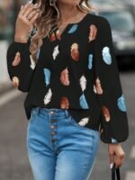 EMERY ROSE Feather Print Notched Neck Bishop Sleeve Blouse,Long Sleeve Tops Fall Cloth For Women - Image 2