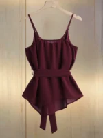 Franclia Casual Women's Red Violet Spaghetti Strap Cami Top With Flared Hem Knot Detail And Plain Fabric Regular Length Red Violet - Image 3