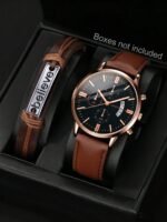 Men's Casual Fashion Round Quartz Watch Set, Suitable For Daily Wear, Also An Ideal Birthday Gift Or Friend Gift, Does Not Include Gift Box - Image 2