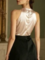 1pc Solid Color Satin & Mesh Patchwork Cut-Out Sheer Elegant Halter Neck Sleeveless Fitted Tank Top Casual Summer - Image 2