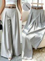 Women Elegant Office Suit Pants,High-Waisted Beige Summer Striped Pleated Elastic Waist Loose Wide Leg Casual Trousers For Daily Commute Fashion - Image 2